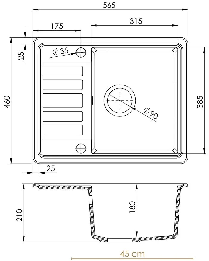 Mosogató Minőségi Zafír, gránit konyhai mosogató 565x460x210 mm + fekete szifon, 1 kamrás, fehér, SKQ-SAP.W.1KKO.XB
