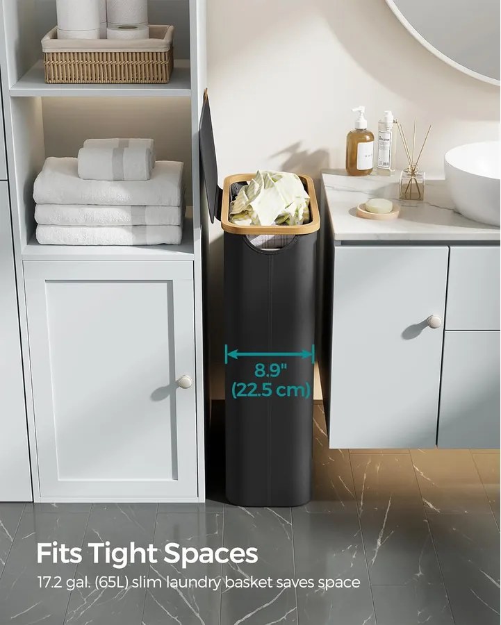 SONGMICS 65L szennyeskosár fedéllel, keskeny kialakítás, 42 × 22,5 × 70,5 cm, fekete