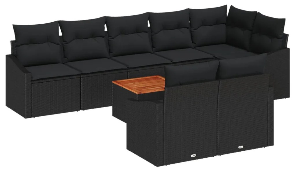 9 Darabos Kerti Sofa Szett Párnákkal Fekete Poli Rattan Akáciából