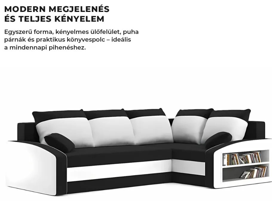 Grande sarokkanapé polcokkal , polc a jobb karfaban, jobboldali, szövet anyag, hab töltet, fekete - fehér