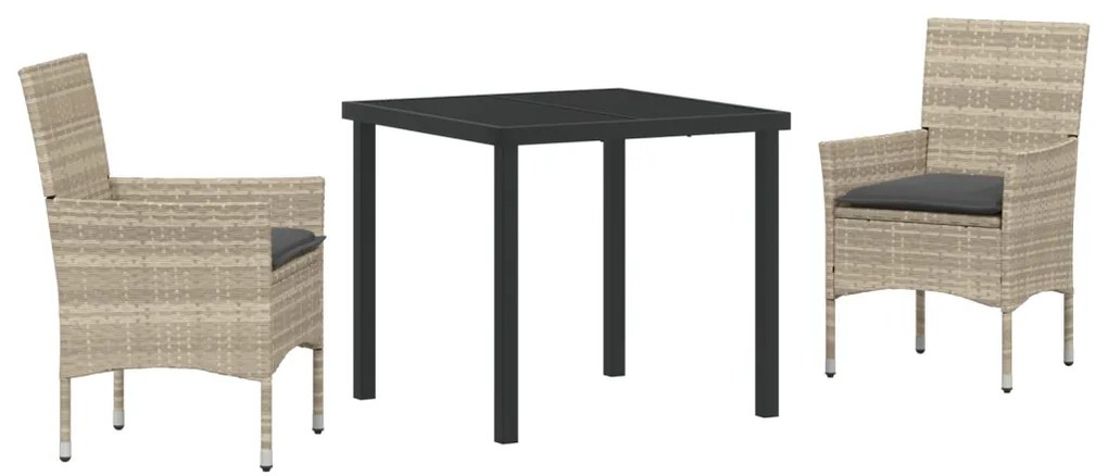 3 Részes Kert Étkező Szett Párnákkal Világosszürke Műanyag Rattan, Kert Asztal Fekete 80x80x73 cm Edzett Üveg