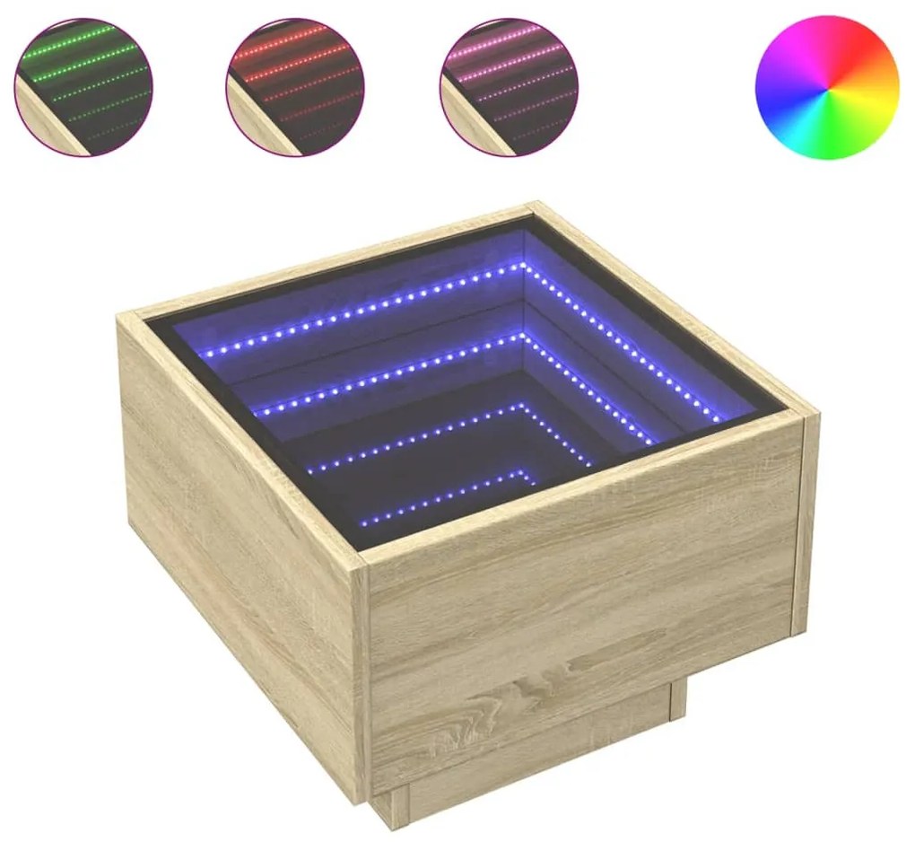 Sonoma tölgy színű szerelt fa kisasztal LED-del 40 x 40 x 30 cm