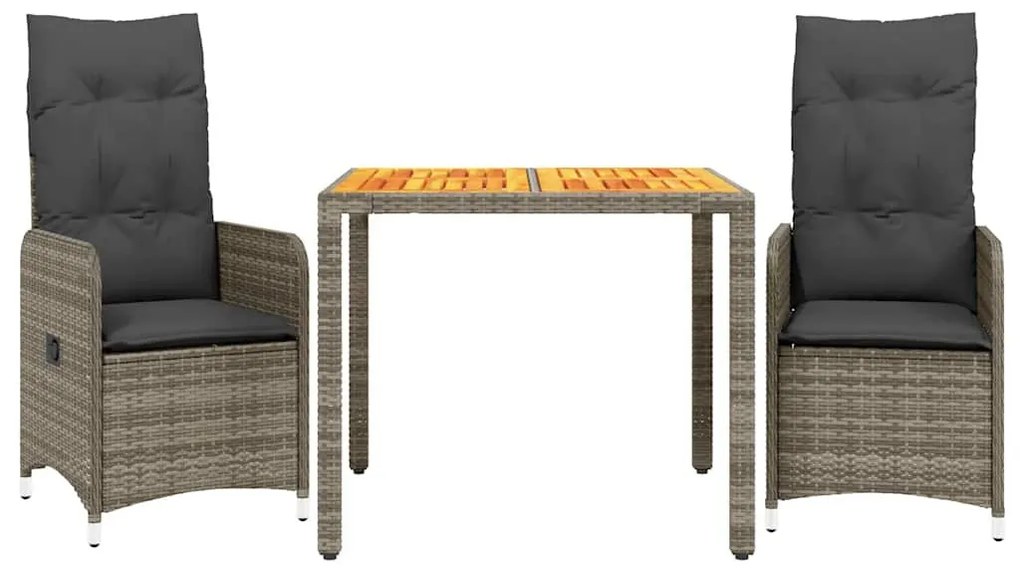 vidaXL 3 részes szürke polyrattan kerti bisztrógarnitúra párnákkal