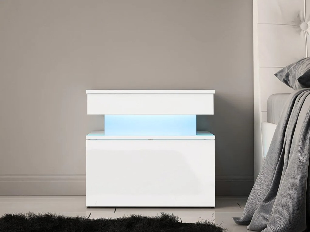 Éjjeliszekrény Lesteralo 1S (fehér + fényes fehér) (kék LED világítással). 1104512