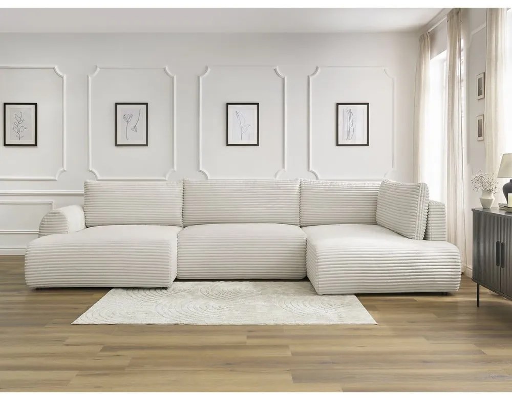 Krémszínű kordbársony kinyitható sarokkanapé (bal oldali-U alakú) Lucien – Bobochic Paris