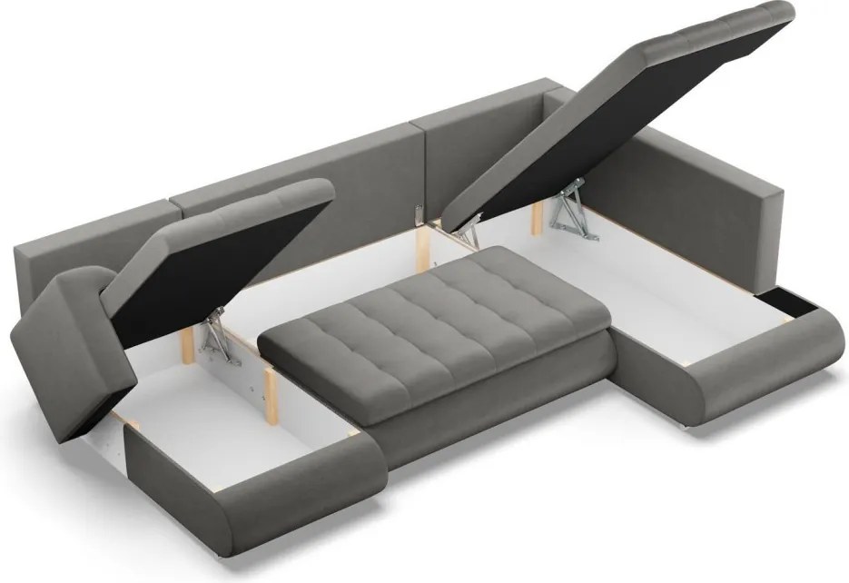 Tokio U sarokkanapé, 3 ágyneműtartóval, bársony, jobboldali, világosszürke