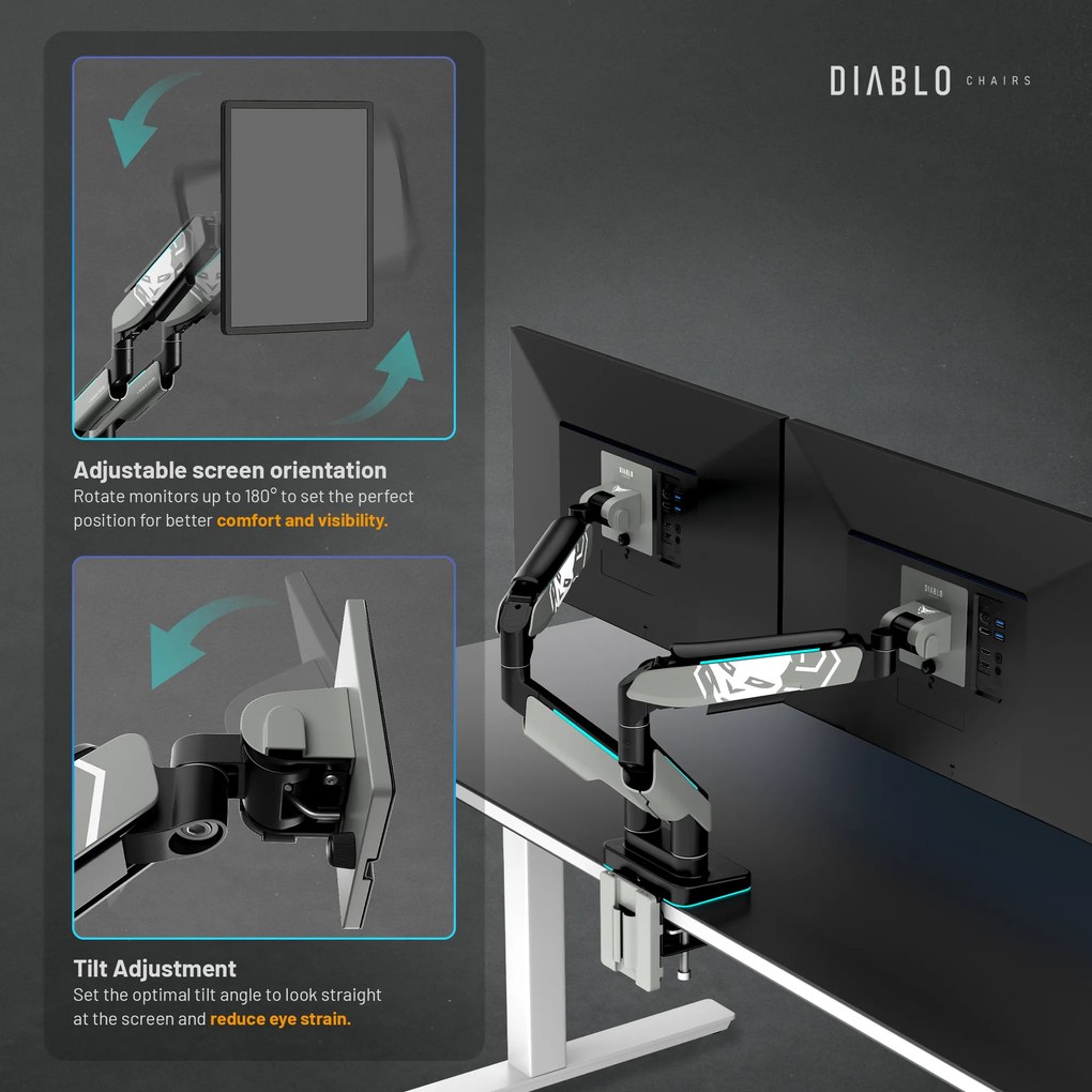 Dupla monitortartó 35" RGB, szürke-fekete: Diablo X-Arm Dual