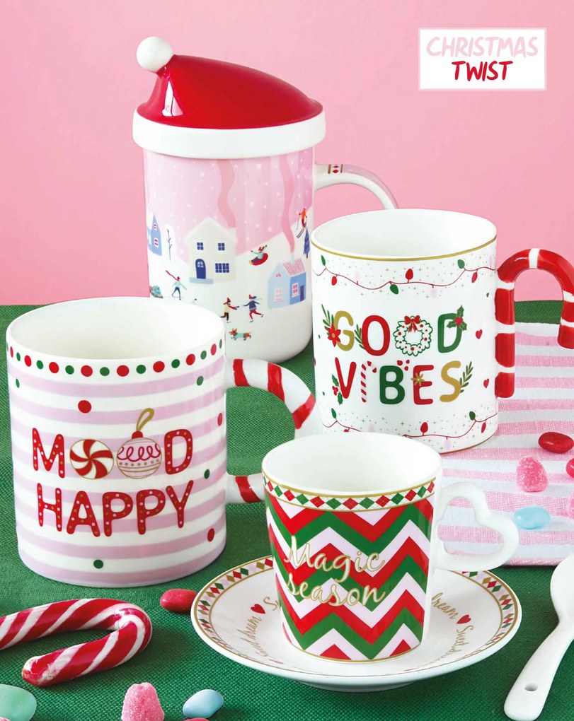 Karácsonyi Porcelán teás bögre 370 ml tetővel fém szűrővel díszdobozban Christmas Twist