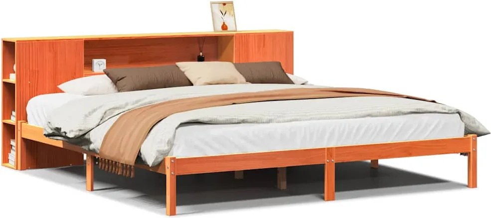 vidaXL barna tömör fenyőfa könyvespolcos ágy matrac nélkül 180 x 200cm