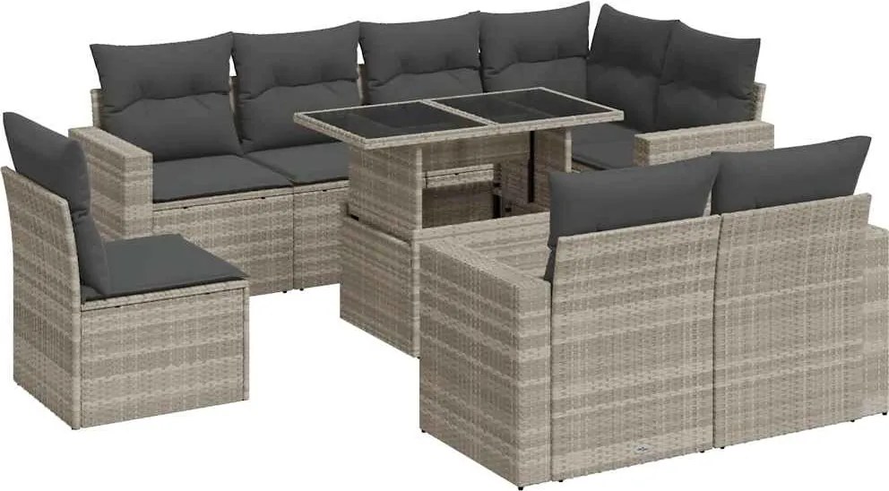 vidaXL 9 részes világosszürke polyrattan kerti ülőgarnitúra párnával