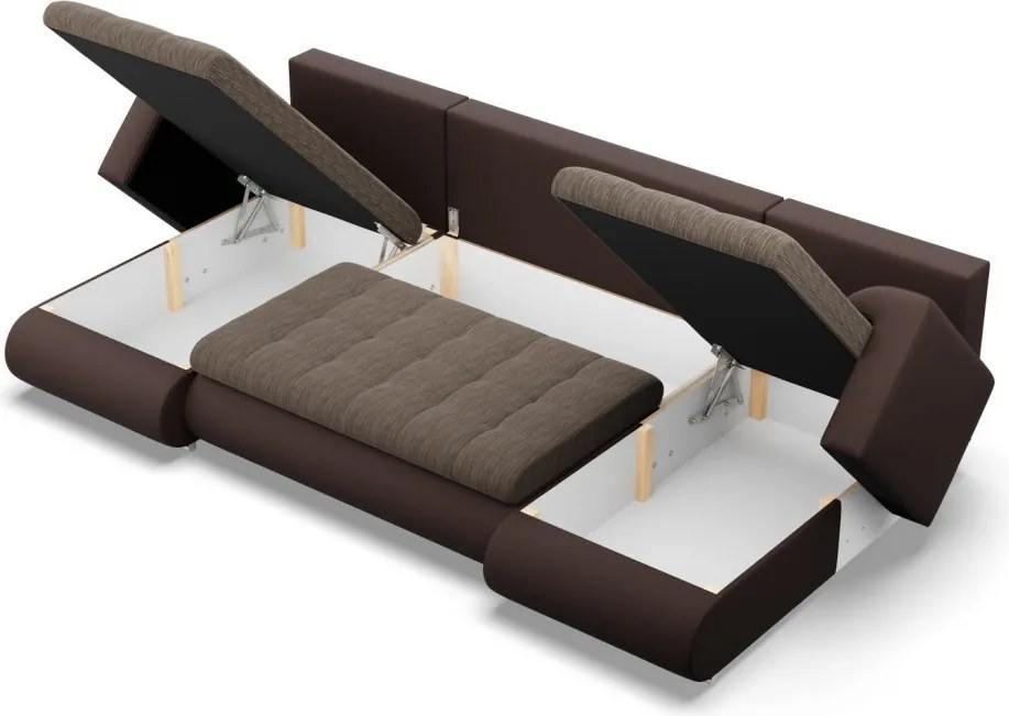 Tokio U alakú sarokkanapé, 3 ágyneműtartóval, fonott + műbőr, univerzális oldal, barna