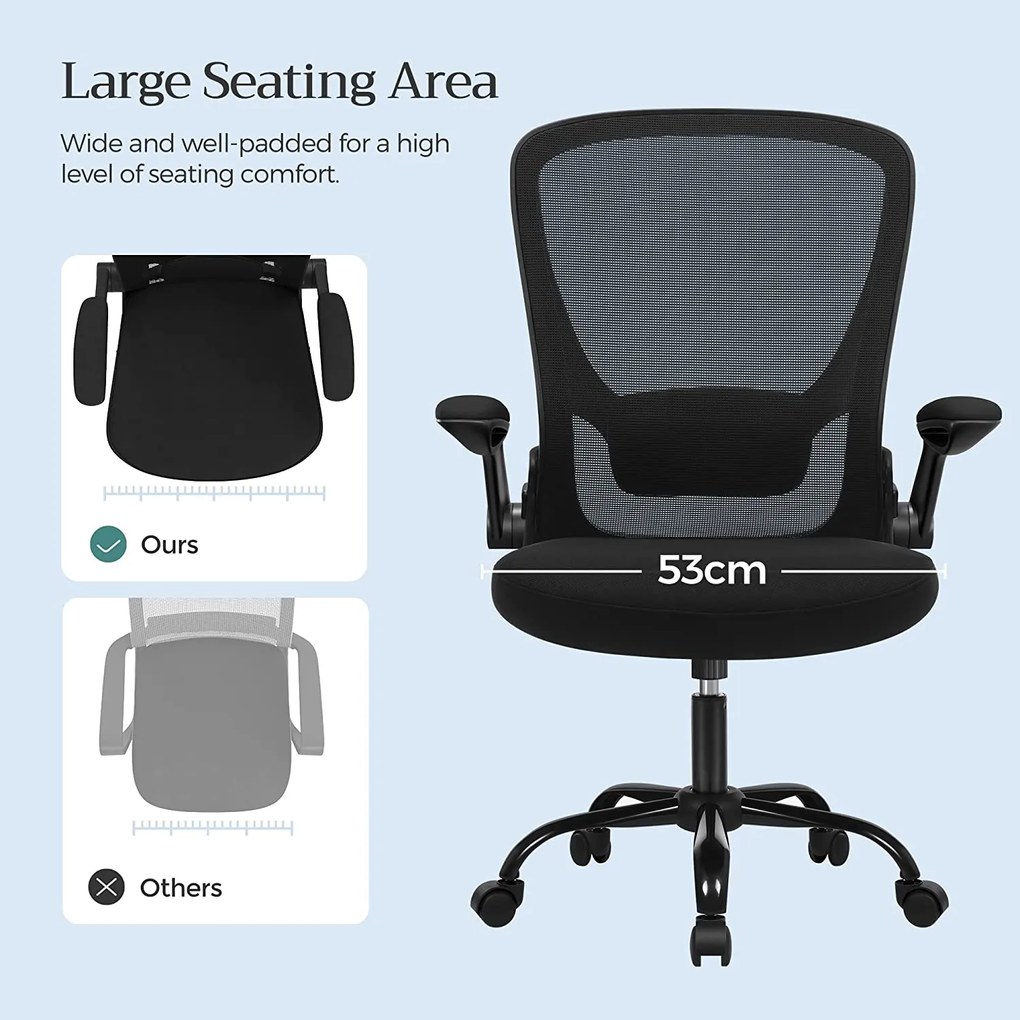 Irodai szék összecsukható karfákkal, ergonomikus számítógépes szék, fekete