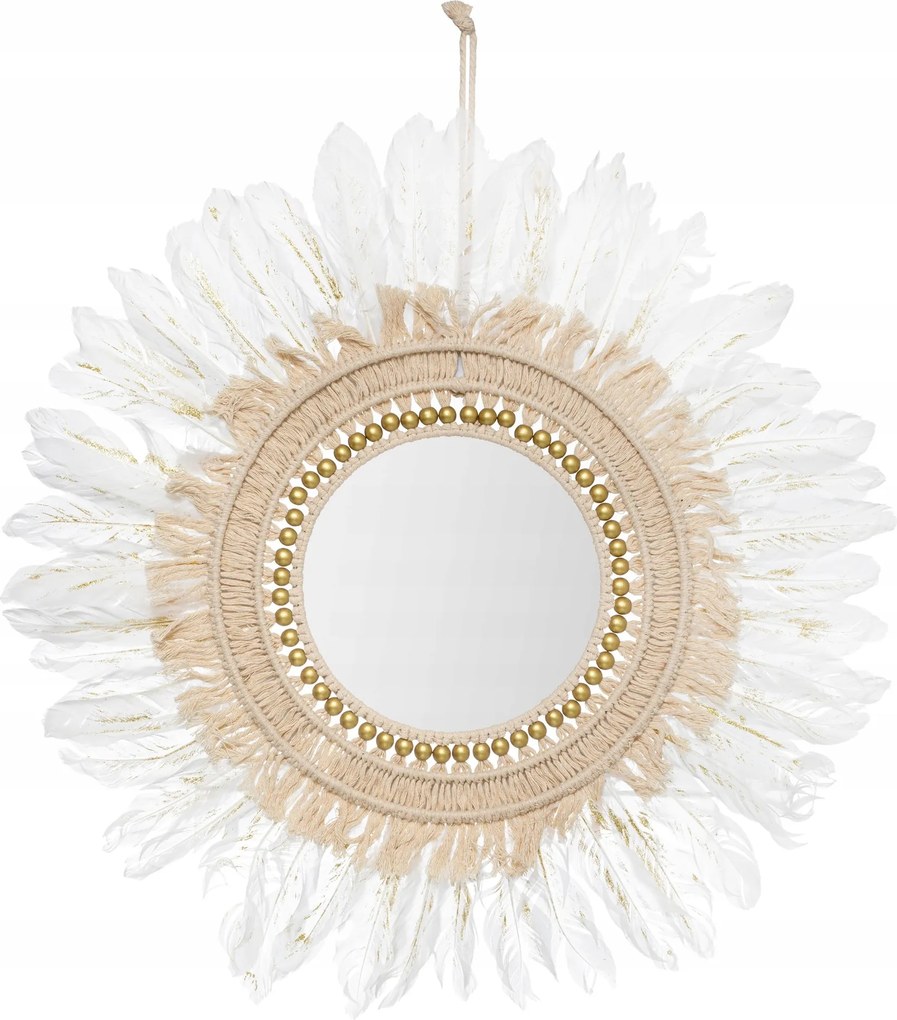 Kerek fali tükör boho tollakkal 50cm fehér dekoratív fali dekoráció