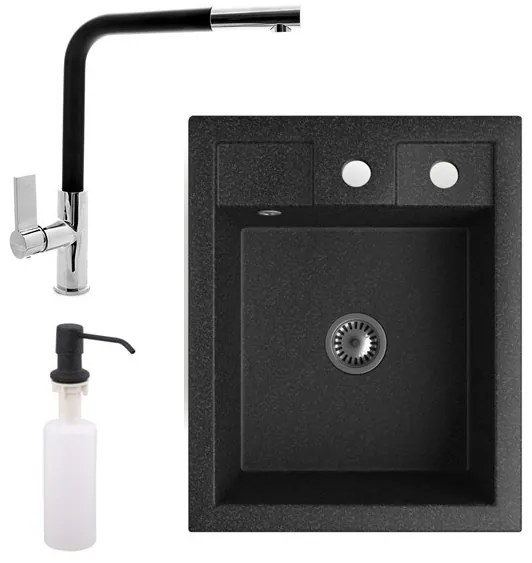 Gránit mosogató NERO Parma + kihúzható Linea csaptelep + adagoló + szifon (fekete)