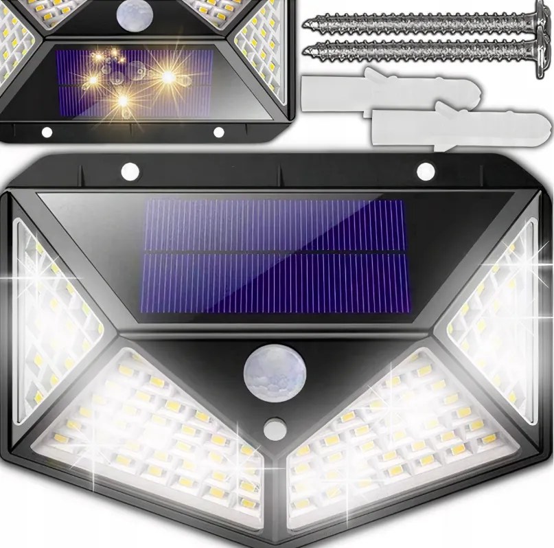 100 LED-es Szolárlámpa Mozgás- És Szürületérzékelővel, Falra Szerelhető