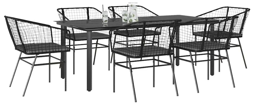 vidaXL 7 részes fekete polyrattan üveg kerti étkezőgarnitúra párnákkal