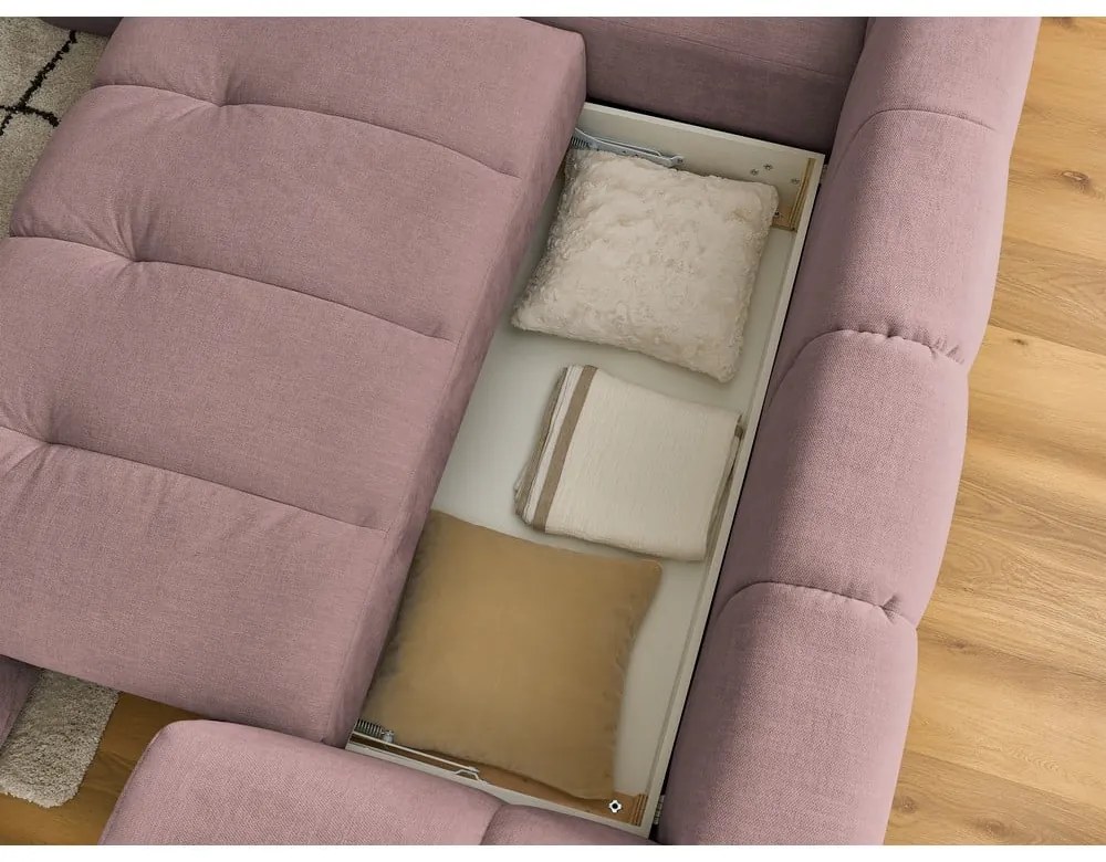 Rózsaszín kinyitható-tárolóhelyes sarokkanapé (bal oldali-L alakú) Fuji – Bobochic Paris