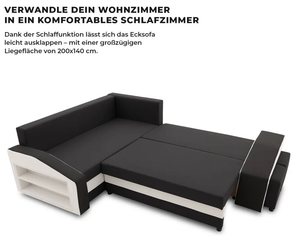 Grande sarokkanapé polcokkal és puffokkal , polc a bal karfaban puffok a jobb karfaban, baloldali, szövet anyag, hab töltet, fekete - fehér