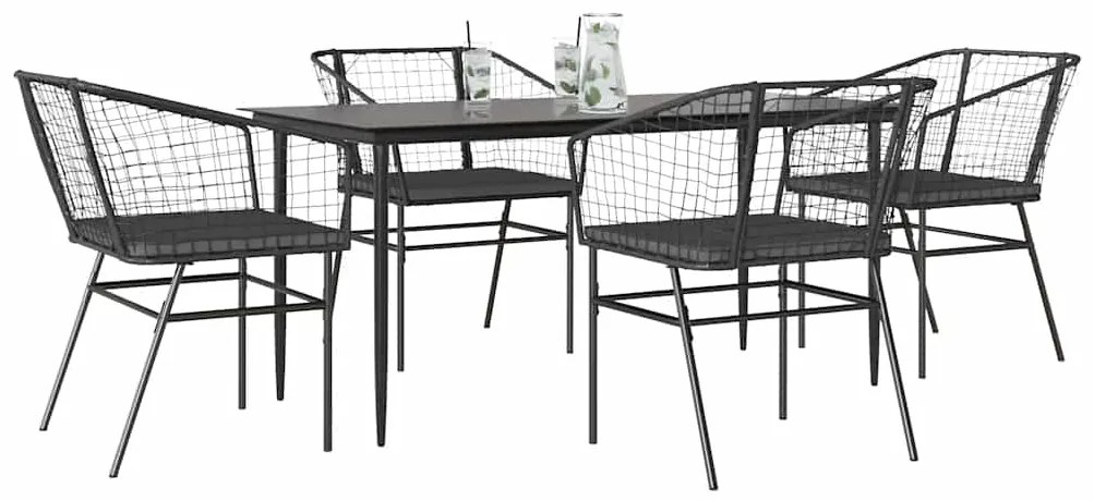 vidaXL 5 részes fekete polyrattan üveg kerti étkezőgarnitúra párnákkal