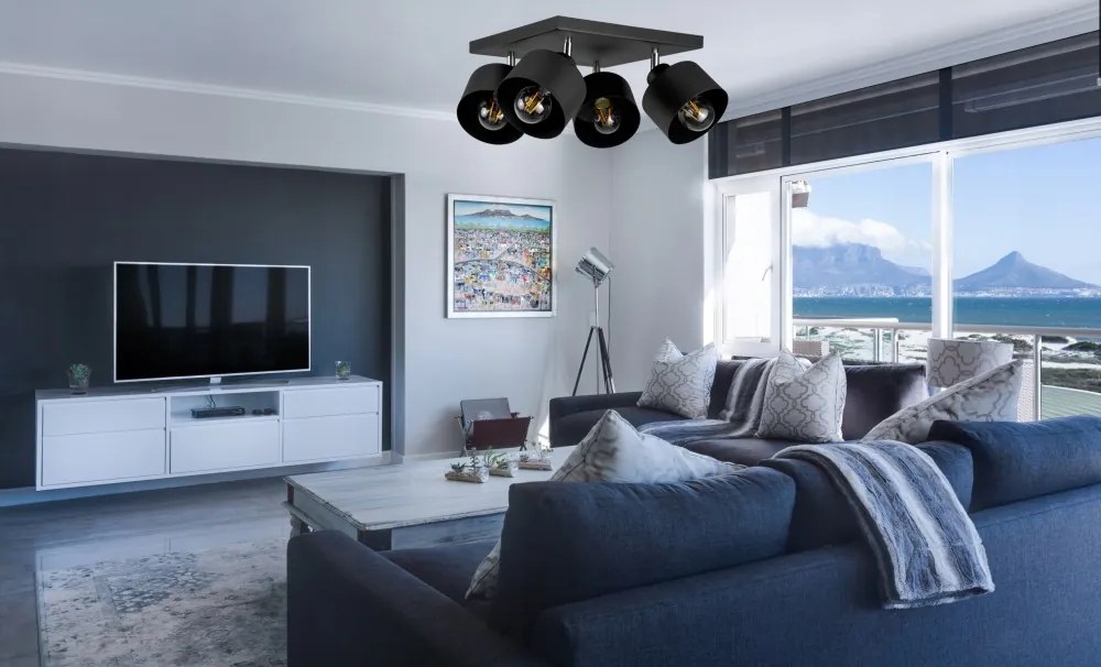 KÉSZLETKISÖPRÉS! Mennyzeti lámpa fekete fém búrával | Loft - Industrial | Glimex Lavor 4xE27 GKL40C