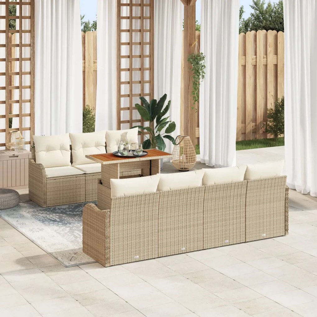 8 részes kerti kanapé párnákkal bézs poly rattan akácfa, 2 üléses kerti kanapé párnákkal bézs poly rattan