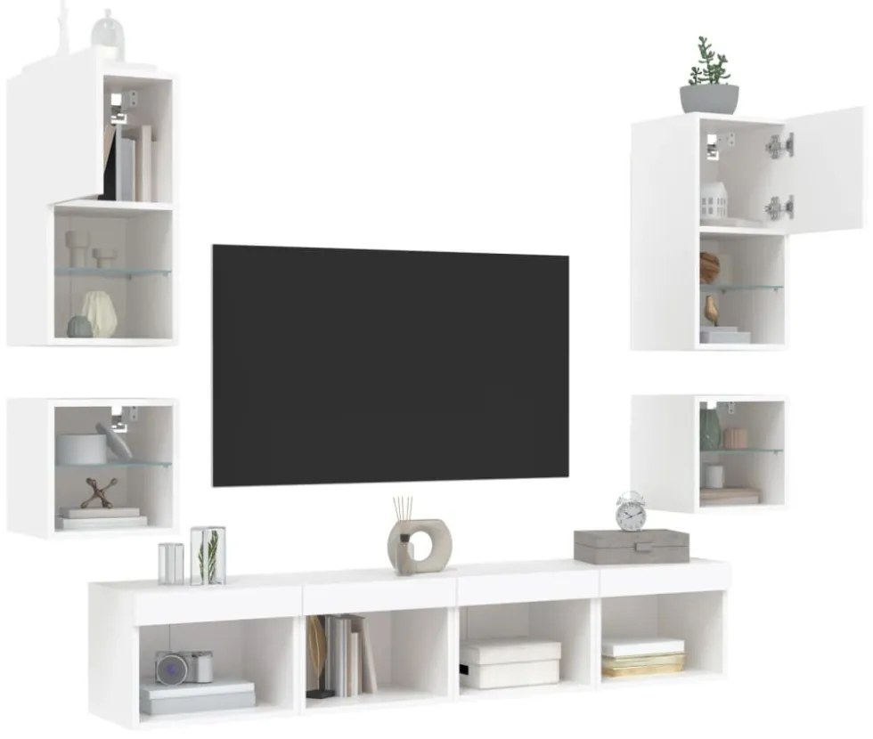 8 darab fehér szerelt fa fali TV-bútor LED-del