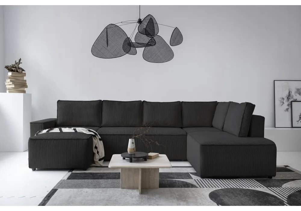 Antracitszürke kordbársony kinyitható sarokkanapé (jobb oldali-U alakú) Brave Dave – Miuform