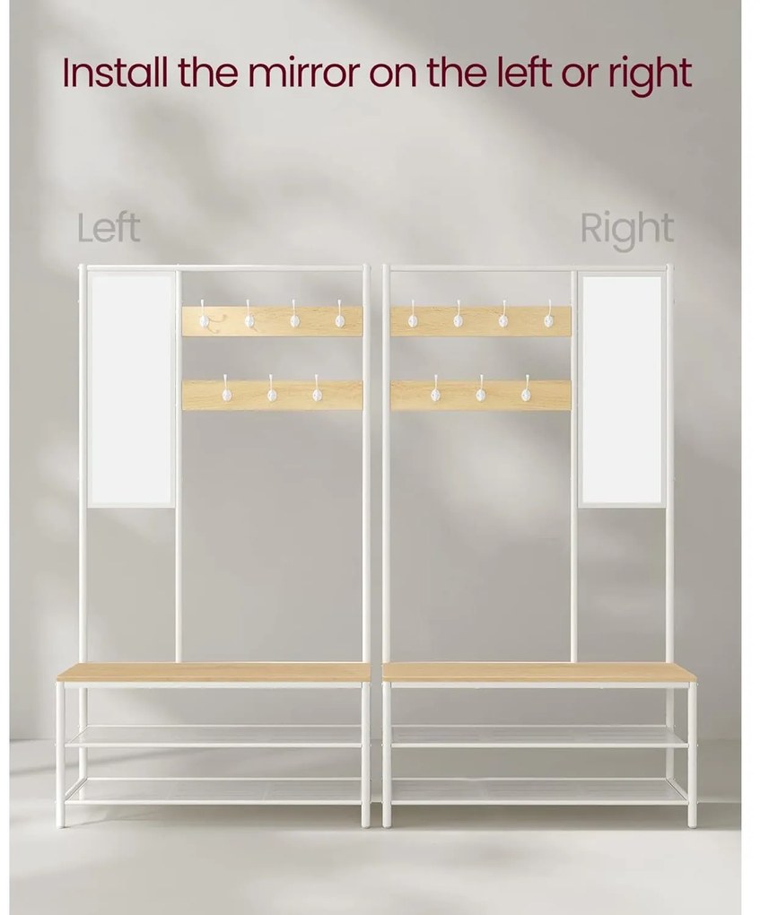 Kabáttartó állvány cipőtárolóval, előszobafal tükörrel és cipőspolcokkal 35x98x180 cm, tölgy színű és fehér