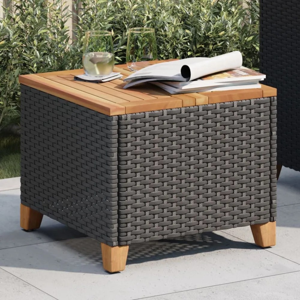fekete polyrattan és akácfa kerti asztal 45 x 45 x 37 cm