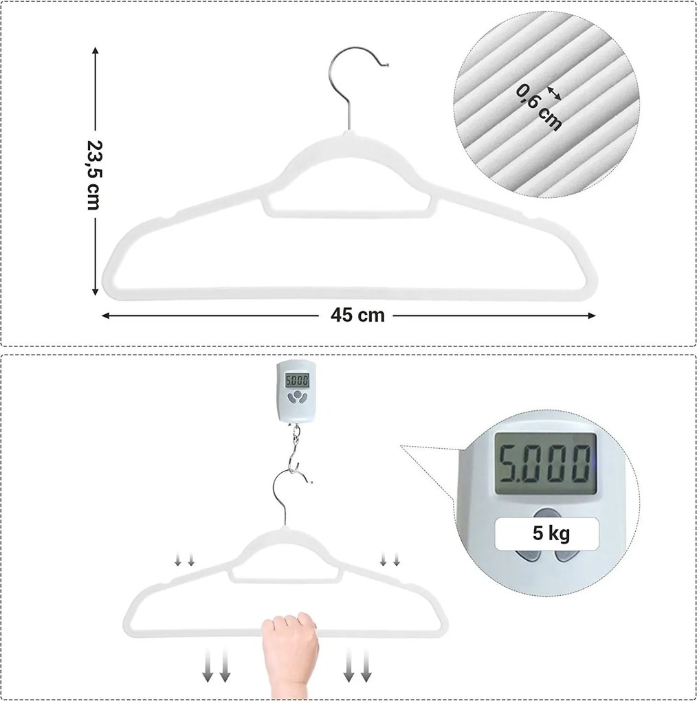 Bársony vállfa, csúszásmentes ruhaakasztó 50 db, fehér