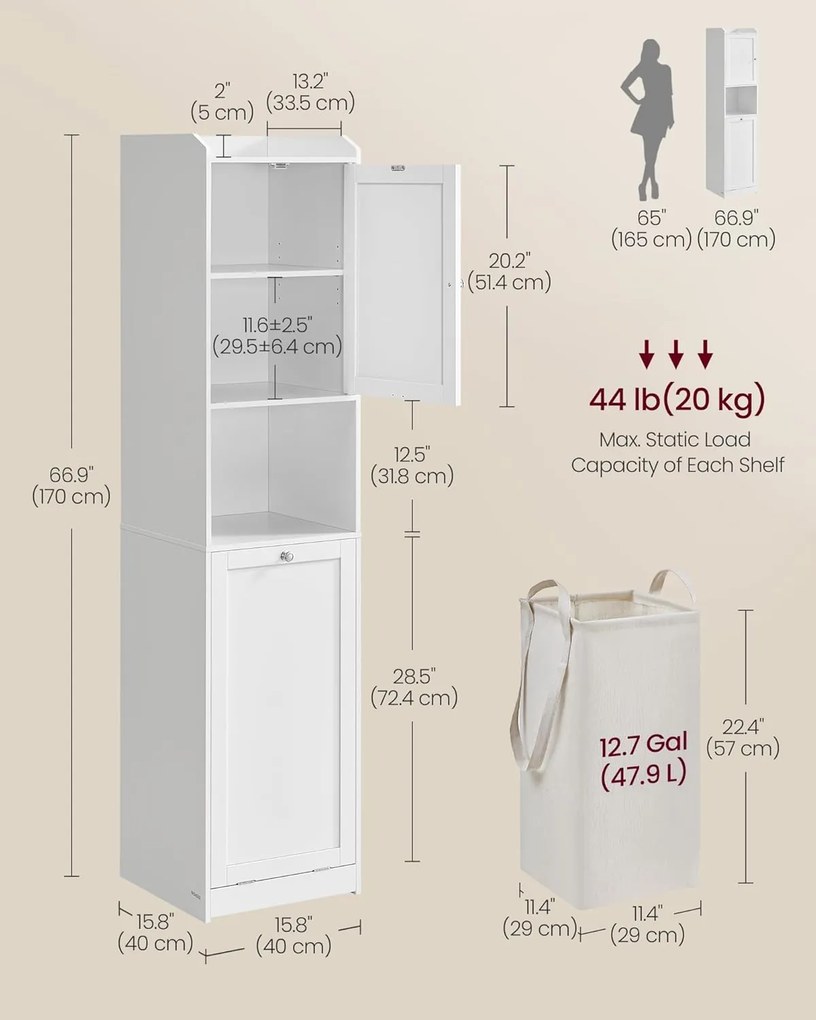 170 cm Magas fürdőszobai szekrény szennyeskosárral, tárolóegységgel, felhőfehér