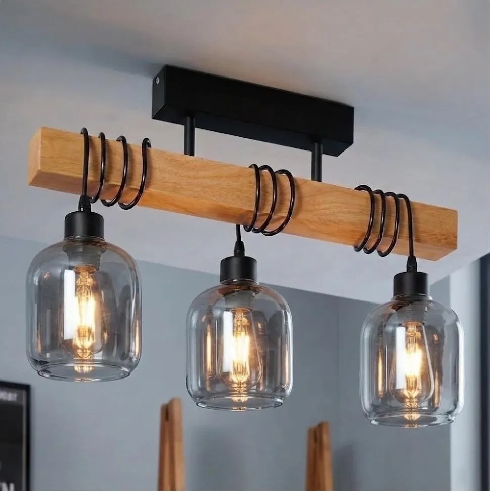 BRILAGI - Felületre szerelhető csillár WOOD GLASS 3xE27/60W/230V fenyő/fekete/füstszürke