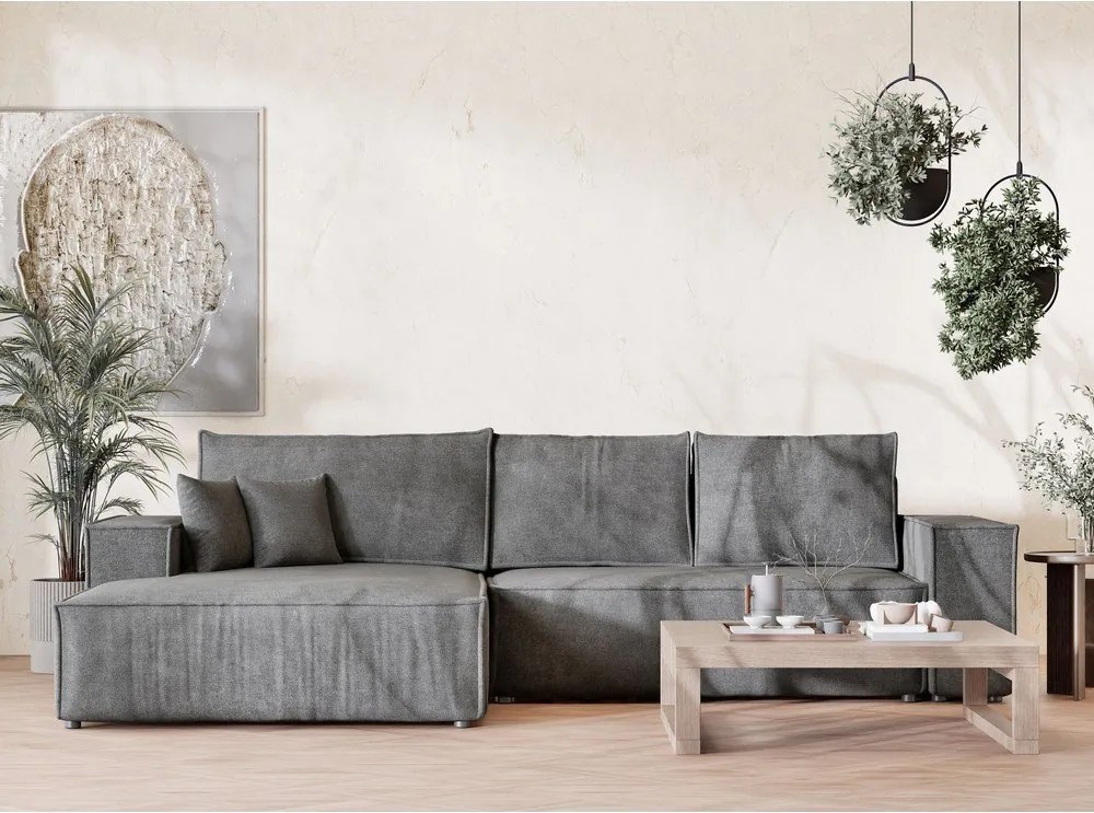 Szürke zsenília kinyitható-tárolóhelyes sarokkanapé (bal oldali-heverő résszel) Maze – Maison de Rêve