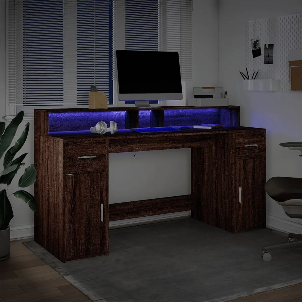 barna tölgy színű szerelt fa íróasztal LED-ekkel 160x55x91 cm