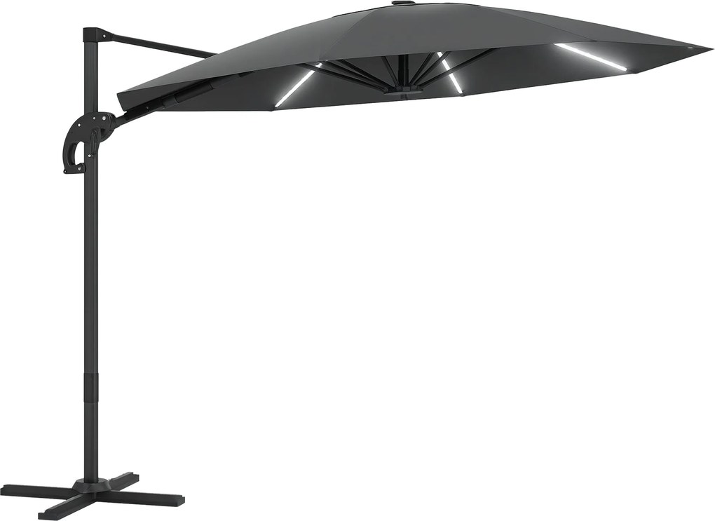 Outsunny Alumínium Napernyő LED Napelemes Ø300cm, Magasságban Állítható Napernyő Kézi Forgató Szerkezettel, UV50+ Vízálló, 360°-ban Forgatható Piac Na