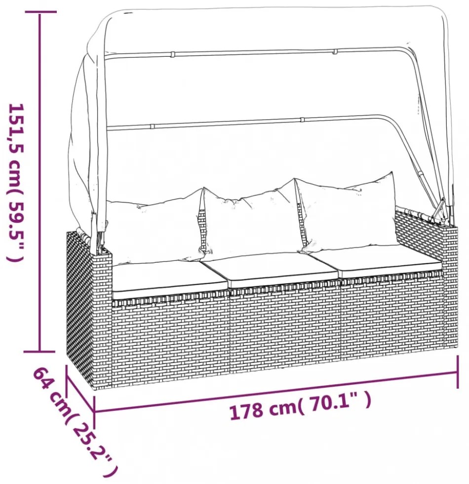 3-személyes fekete polyrattan kanapé tetővel és lábtartóval
