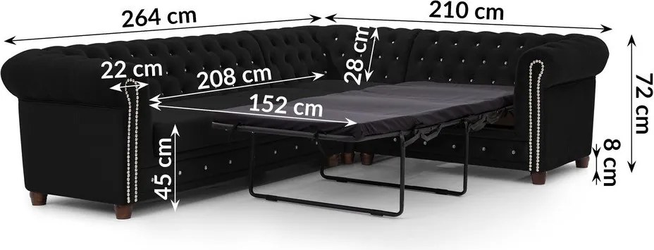 Fekete bársony kinyitható sarokkanapé (jobb oldali-L alakú) York Blik – Ropez