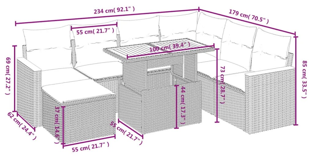 8 részes fekete polyrattan kerti ülőgarnitúra párnákkal