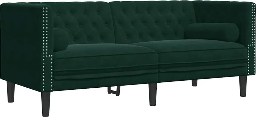 vidaXL 2 személyes sötétzöld bársony hengerpárnás Chesterfield kanapé