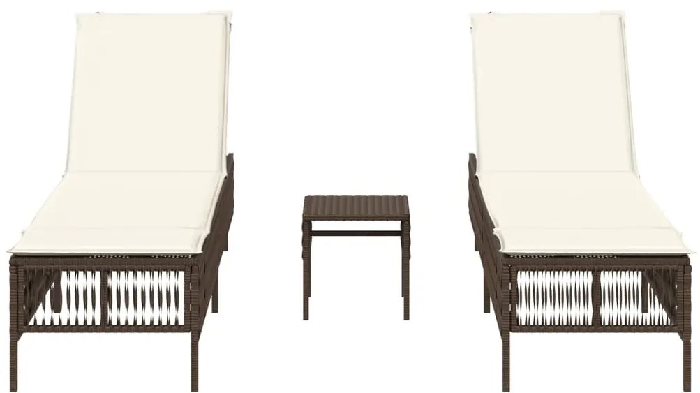 2 db barna polyrattan napozóágy asztallal