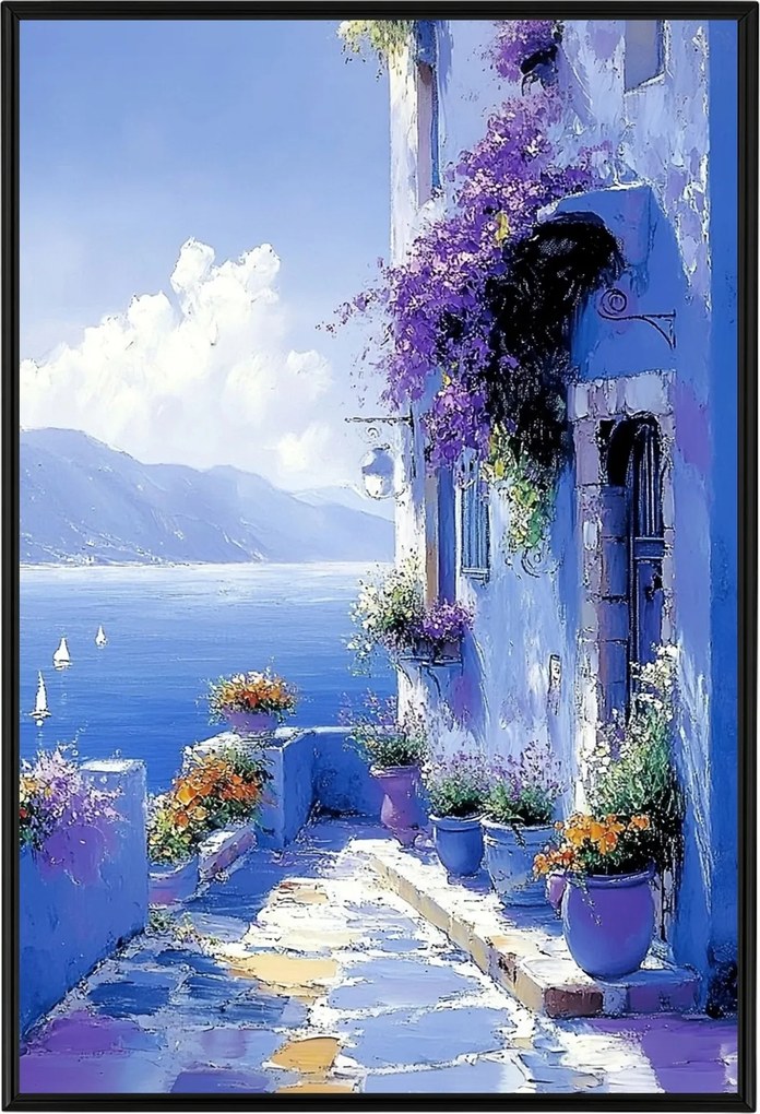 Poszter Keret Alumínium Tájkép Kilátás Görögország Tenger Ház Terasz Virágok 40x60