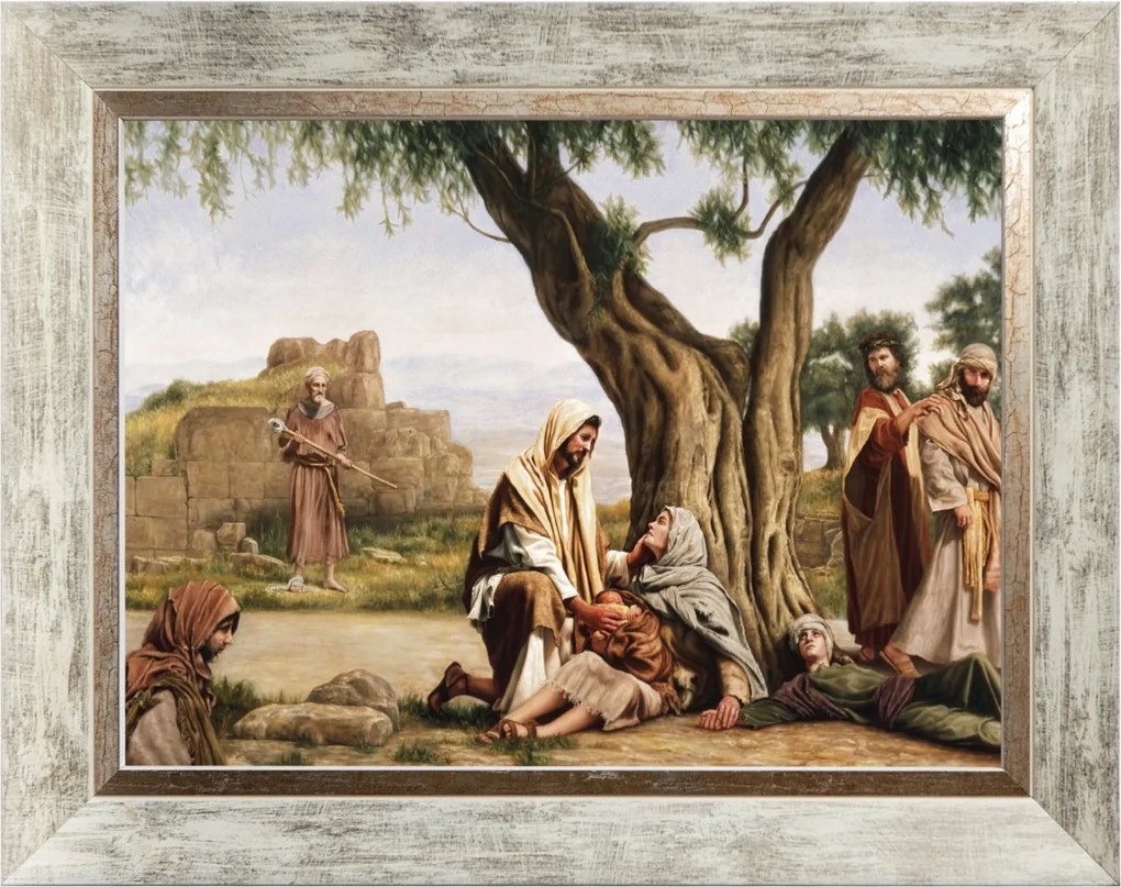 Jézus, Aki Segít A Nőnek Szakrális Vászonkép Fehér Keretben 30X40