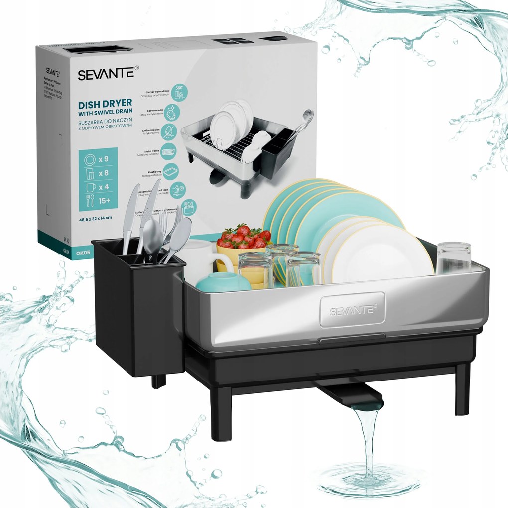 Csepegtető konyhai tányérszárító, fekete, forgatható lefolyóval