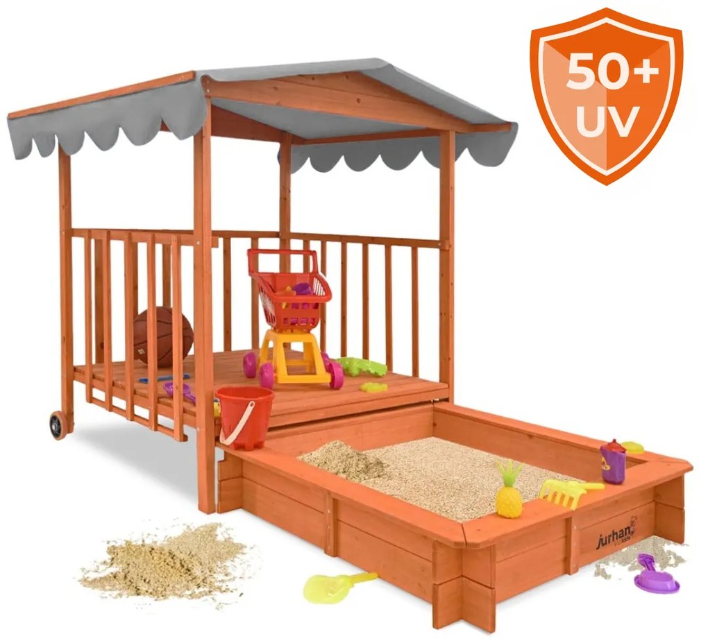 HAPPY homokozó verandával, tömör borókafenyőből 130 x 130 x 143 cm barna szürke Jurhan