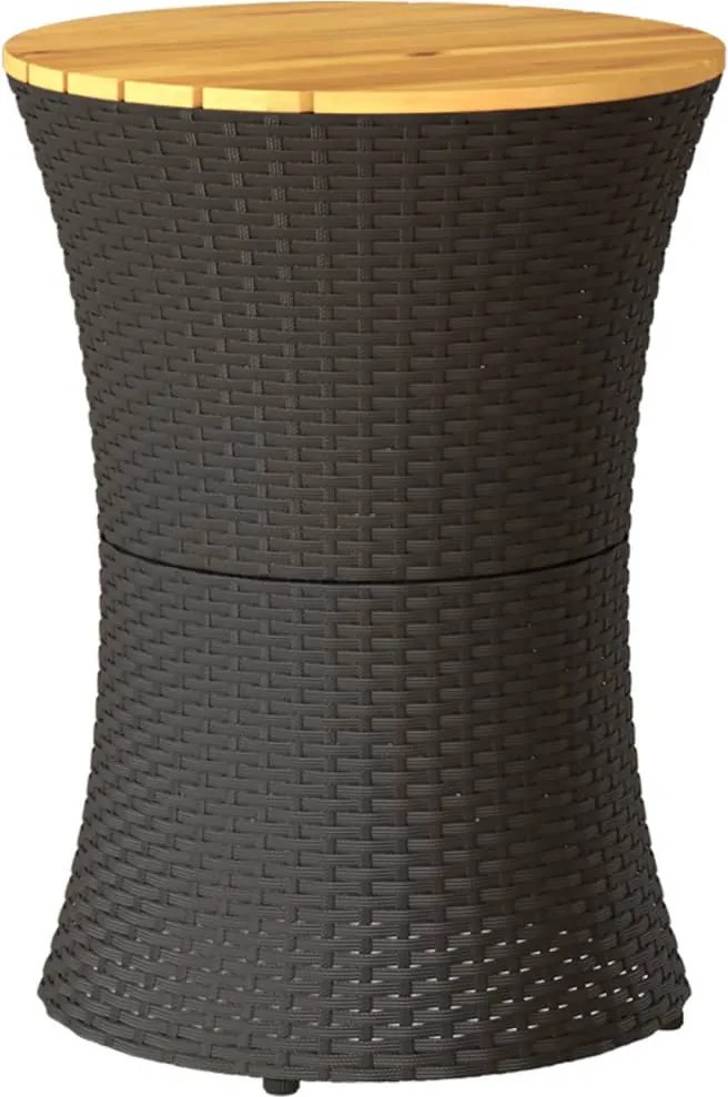 vidaXL fekete polyrattan és tömör fa kerti dob alakú kisasztal