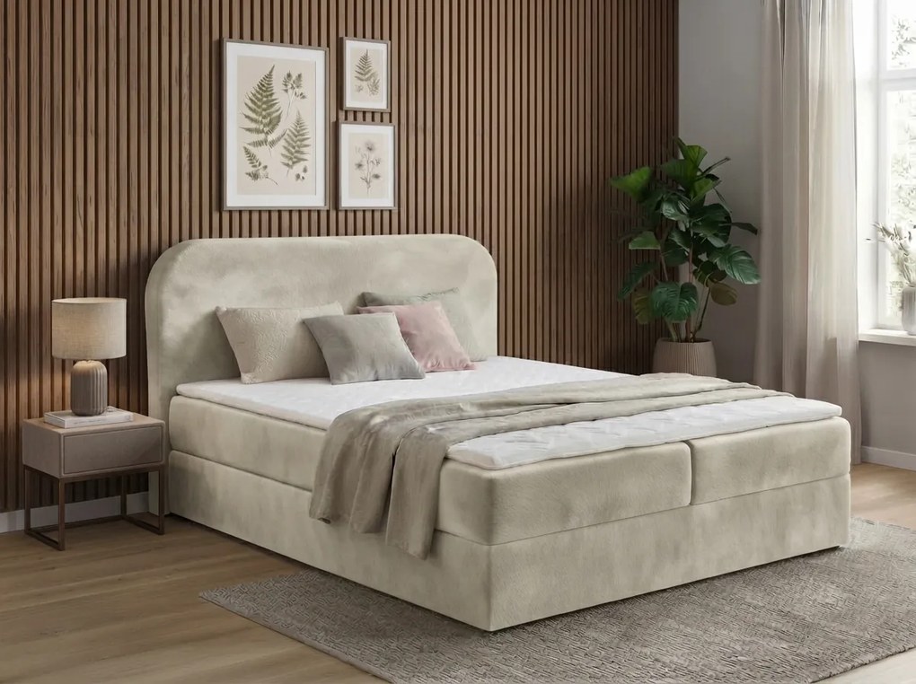 Kárpitozott boxspring ágy FORENA 180x200 cm krémszínű Matrac: Bonell rugós matrac