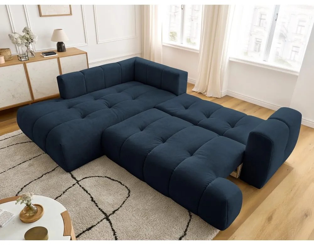 Sötétkék kinyitható-tárolóhelyes sarokkanapé (bal oldali-L alakú) Fuji – Bobochic Paris