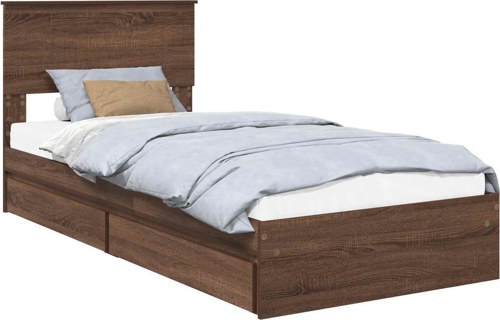 vidaXL Tárolós Ágy fejtámlával fiókkal Barna Tölgy 90 x 190 cm Faanyag