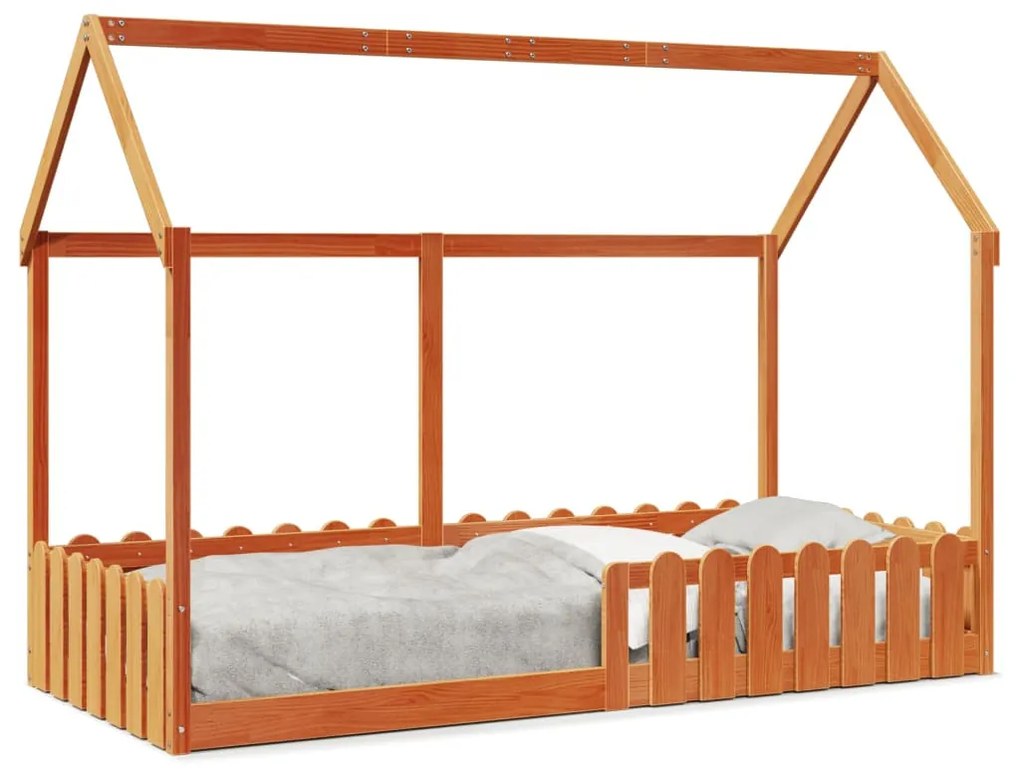 viaszbarna tömör fenyőfa házikó gyerekágykeret 90 x 200 cm