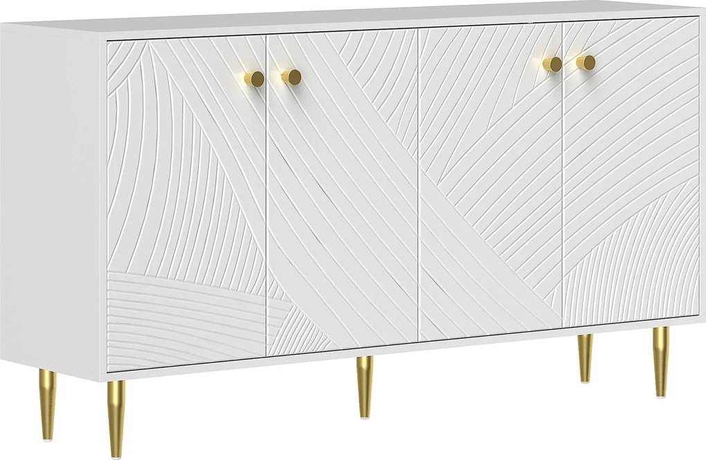 HOMCOM Fehér Büfé Szekrény Állítható Polcokkal, Domború Ajtókkal, Modern Büfé Nappaliba, Konyhába, Étkezőbe, 140 x 35 x 77,5 cm | Aosom